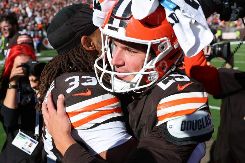 Andre Szmyt celebrates with Ronnie Hickman Jr. after kicking the game-winning field goal for Cleveland against Baltimore on October 18, 2026
