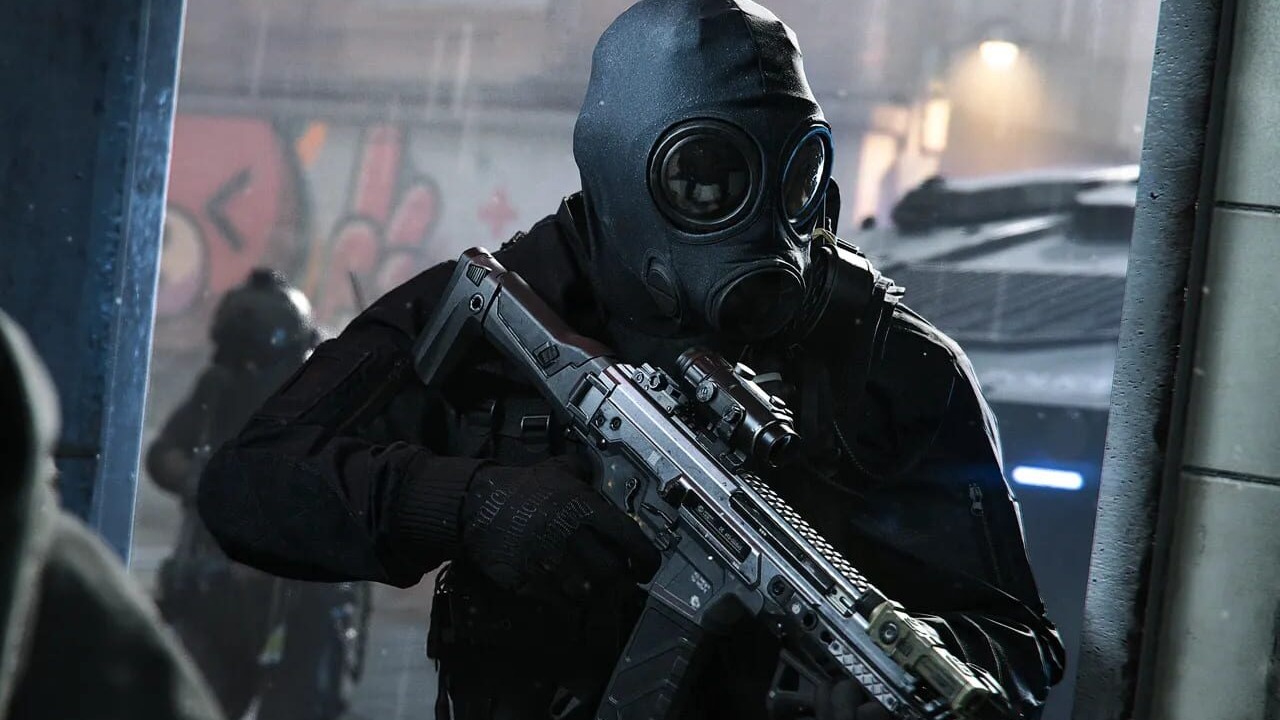 Call of Duty: Modern Warfare 4 official promotional art — a masked operator holding a rifle in a rain-soaked city street, a second operator visible behind him