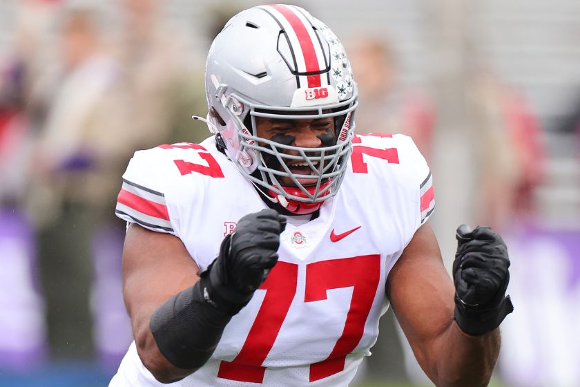 Paris Johnson Jr. playing for Ohio State, wearing No. 77