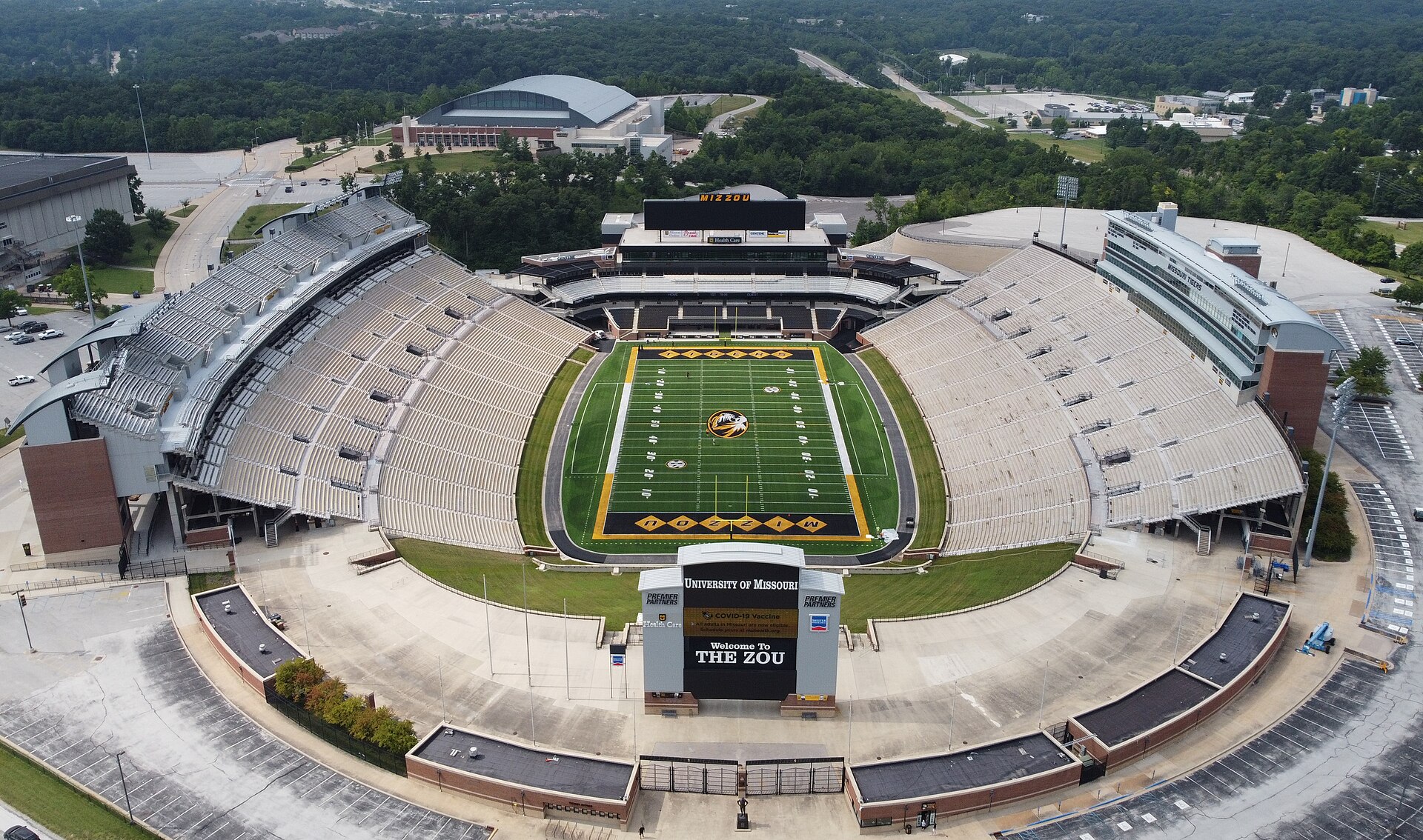 Aerial view of Faurot Field in Columbia, Missouri, with the MIZZOU scoreboard