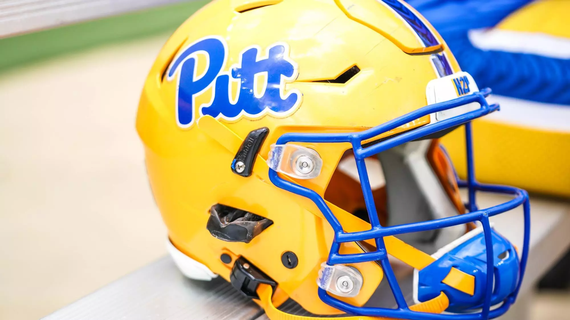 A Pitt gold football helmet on the sideline