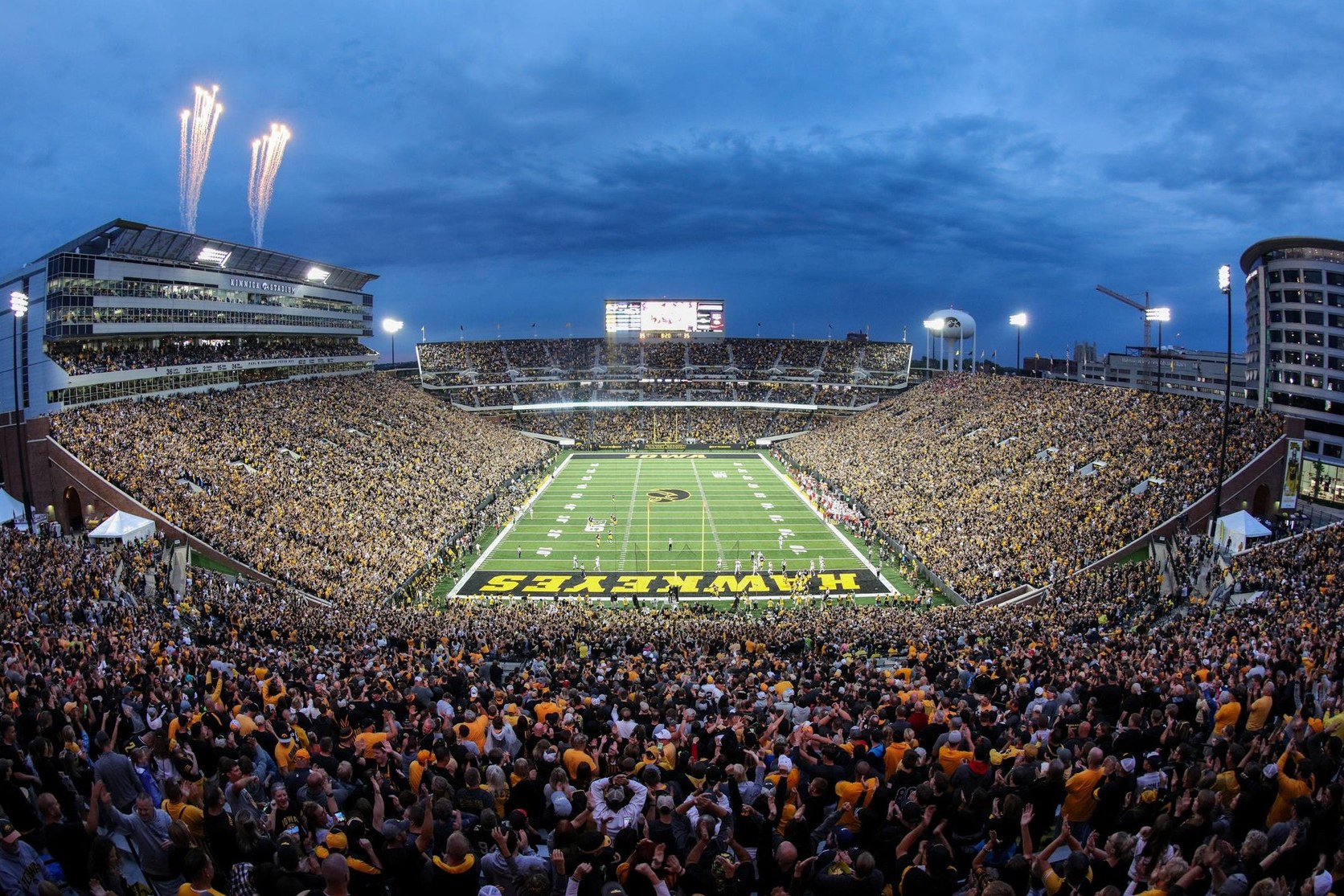 Kinnick Stadium packed under the lights for an Iowa Hawkeyes night game