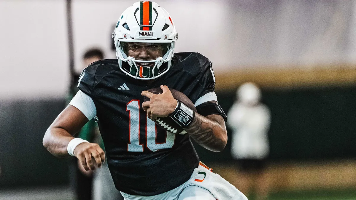 Miami quarterback Darian Mensah in practice gear, Miami helmet with the U logo