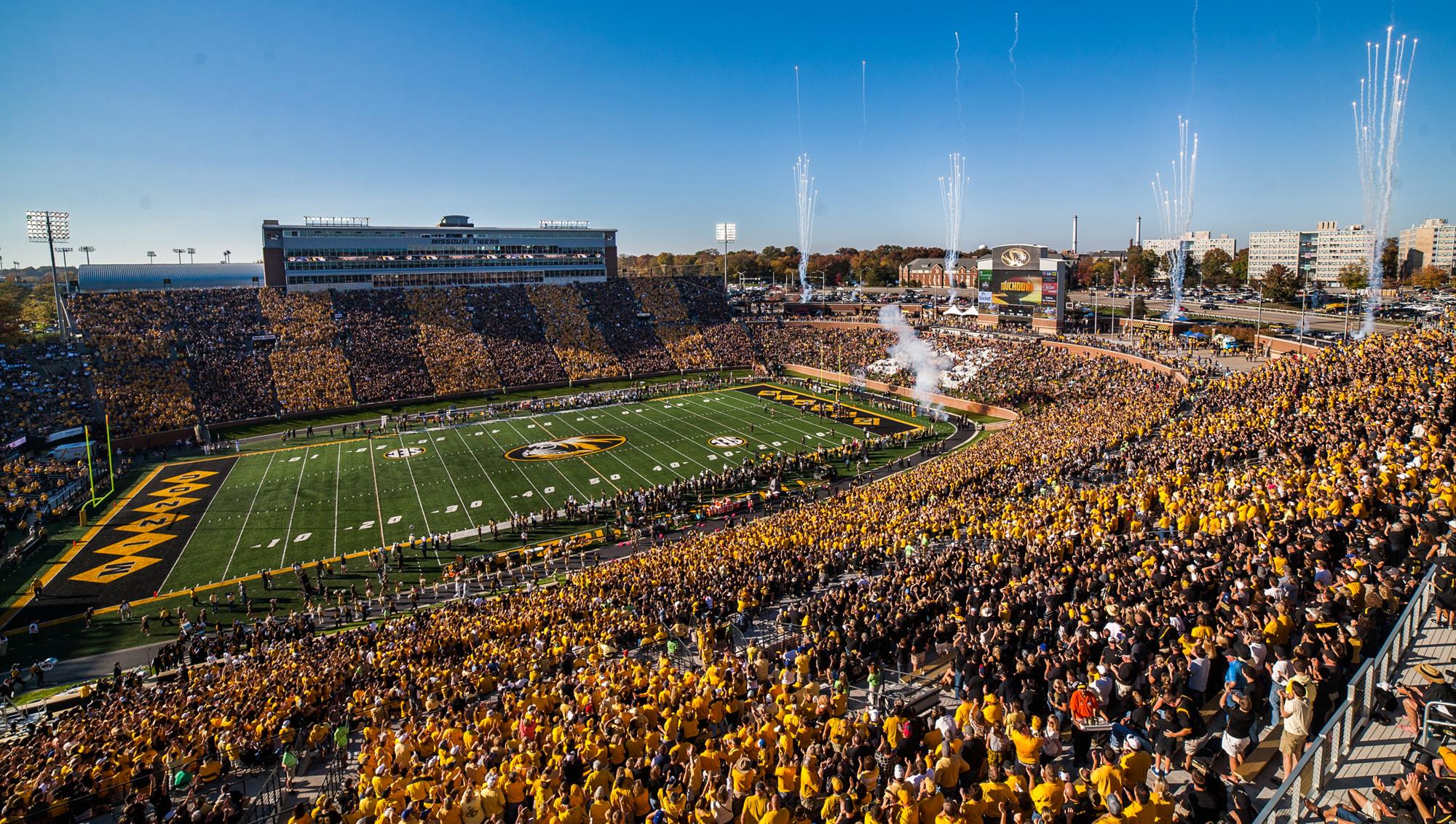 Faurot Field in Columbia, Missouri, packed for a daylight game with MIZZOU in the end zone
