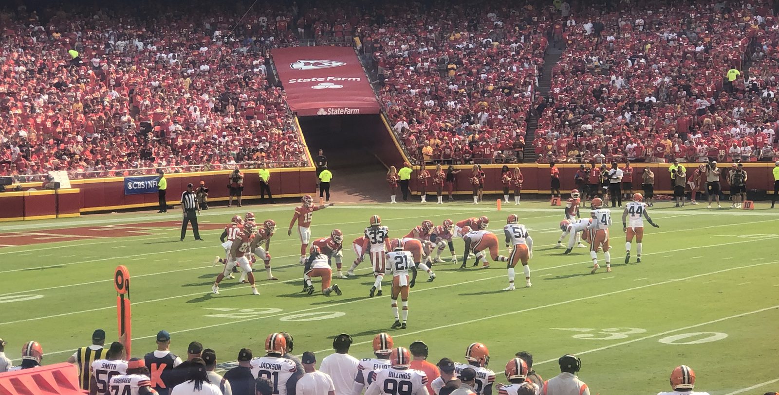 Patrick Mahomes at the line of scrimmage for the Kansas City Chiefs.