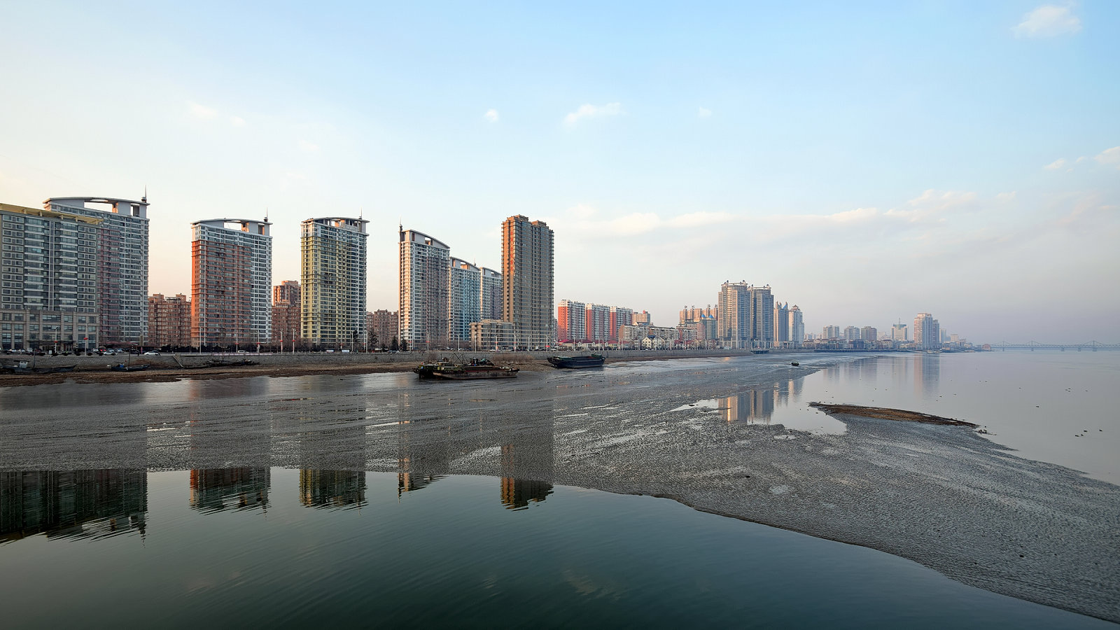 Dandong and the Yalu River, looking toward the bridges to North Korea