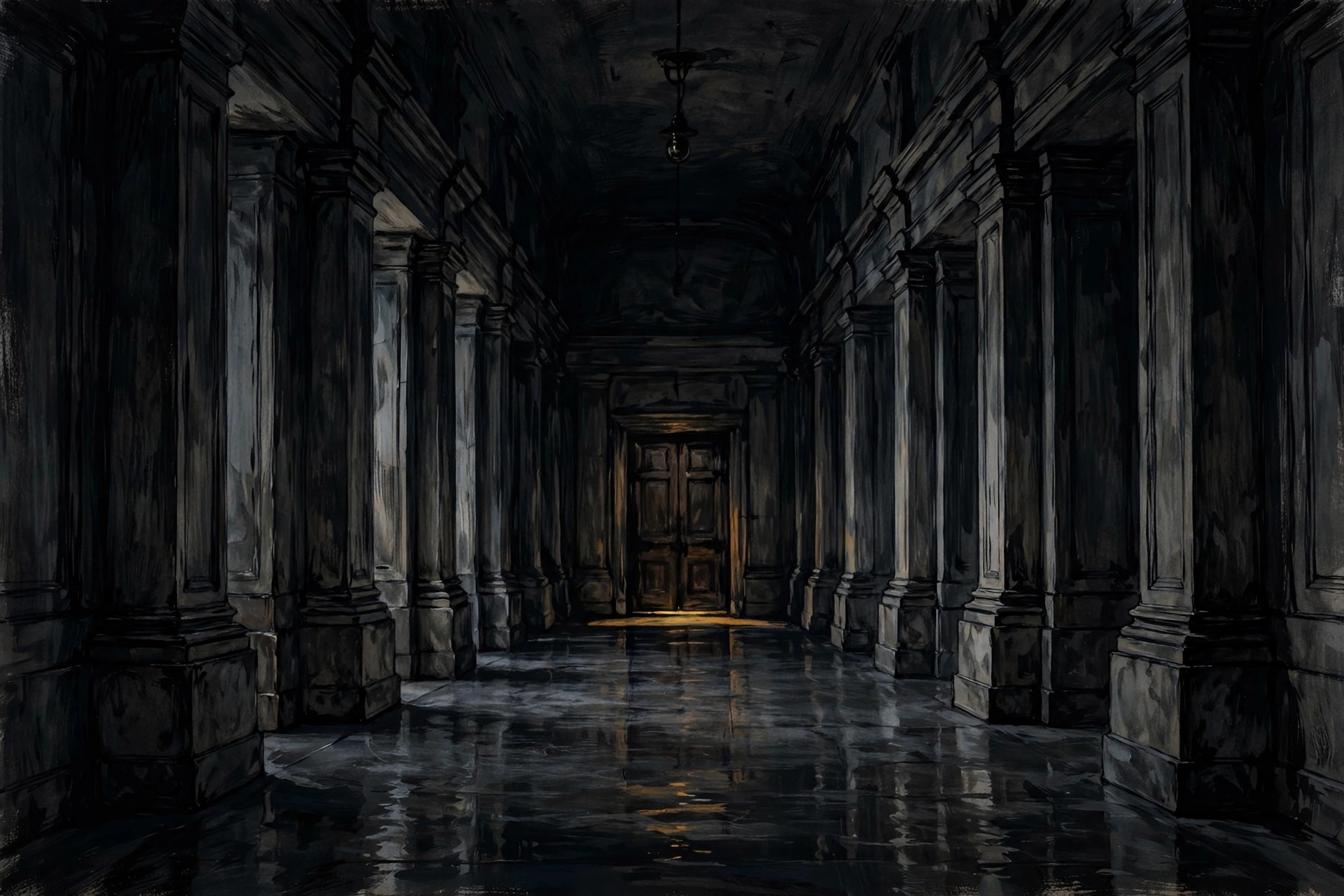 Somber noir illustration of an empty courthouse corridor receding into darkness
