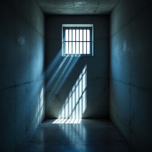 Prison bars with light through a cell window, neutral imagery.