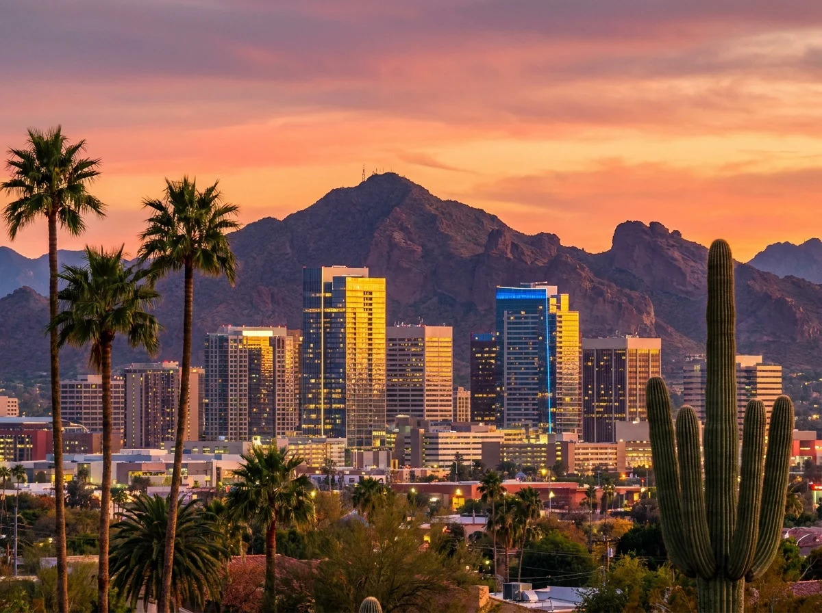Downtown Phoenix at sunset with desert mountains in the distance