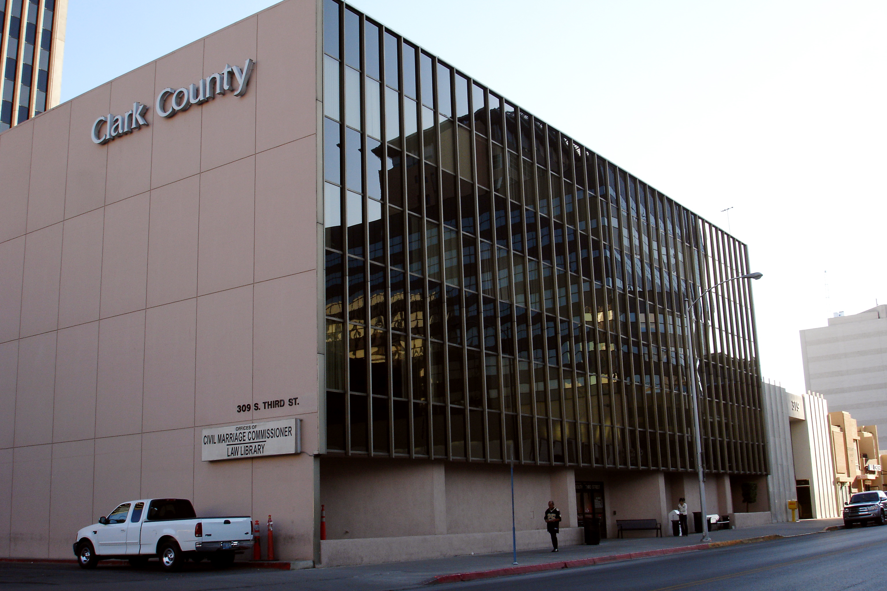 A Clark County building in downtown Las Vegas with county signage