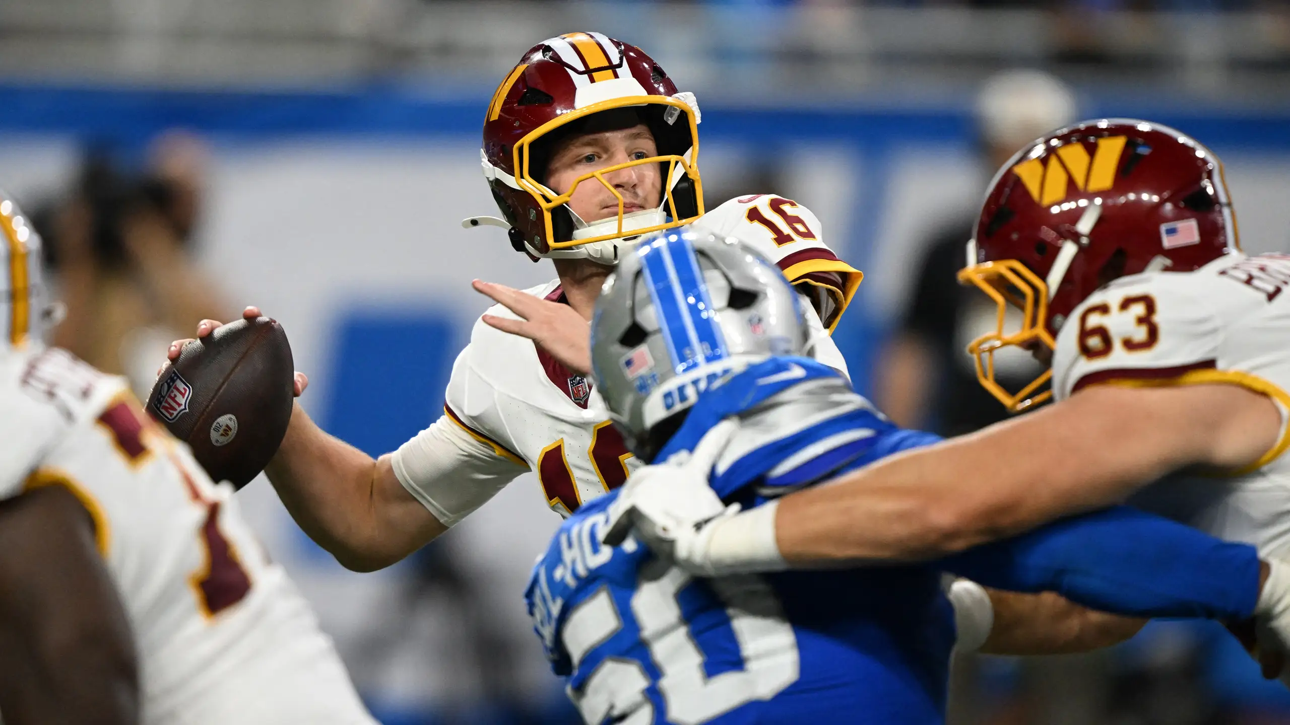 Commanders rookie quarterback Athan Kaliakmanis in the Washington uniform.
