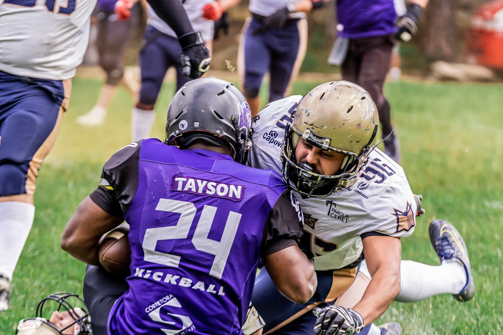 Two American football players collide in action during a game (file photo)