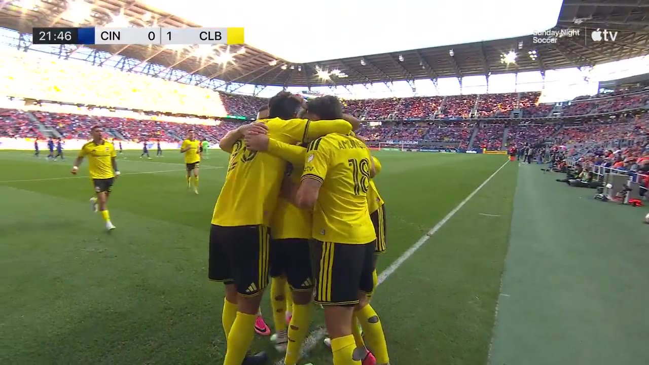Action from Columbus Crew's 2-0 win at FC Cincinnati at TQL Stadium, still from the official match highlights