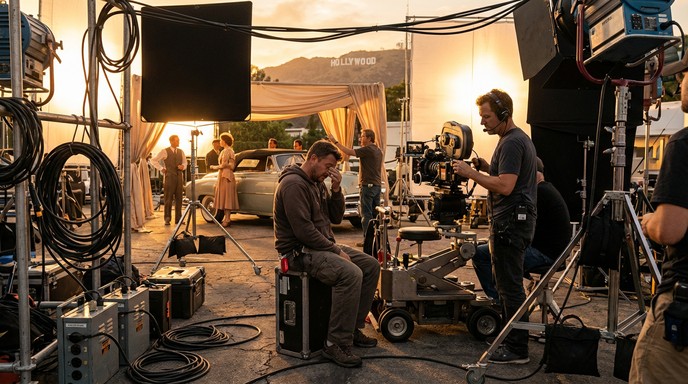 A film crew shooting on a Hollywood set with the Hollywood sign on the hills behind