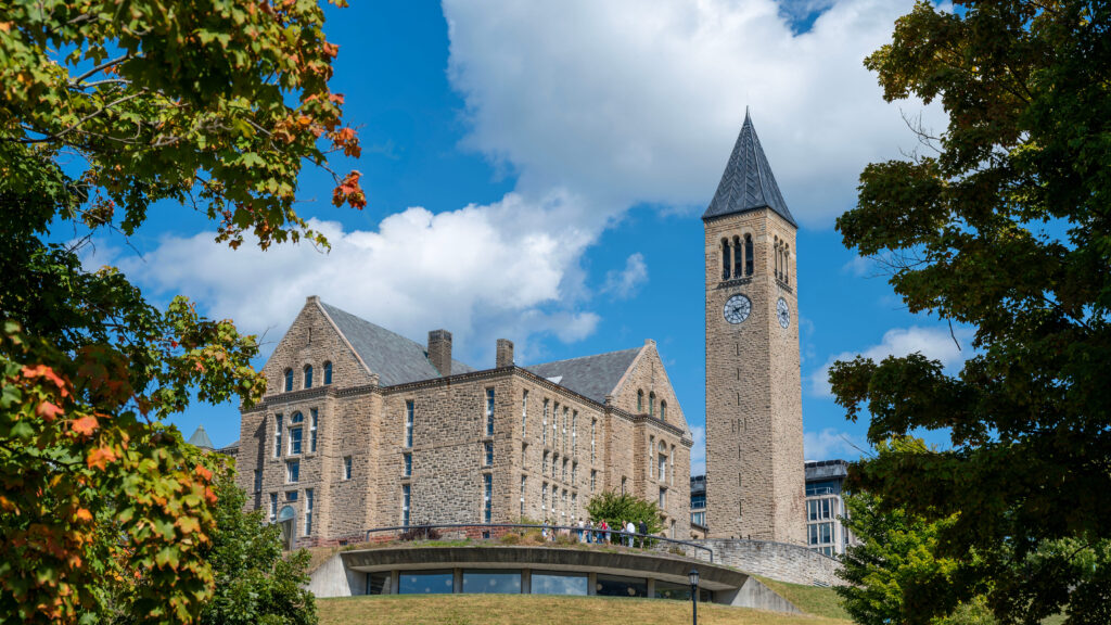 McGraw Tower on the Cornell University campus on a bright day