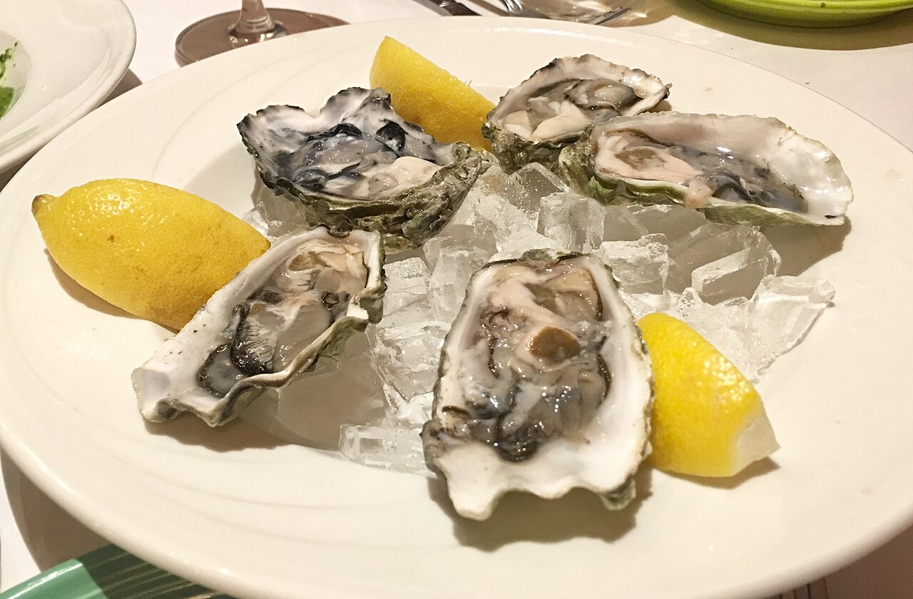 Fresh oysters and shrimp arranged over ice at a raw bar