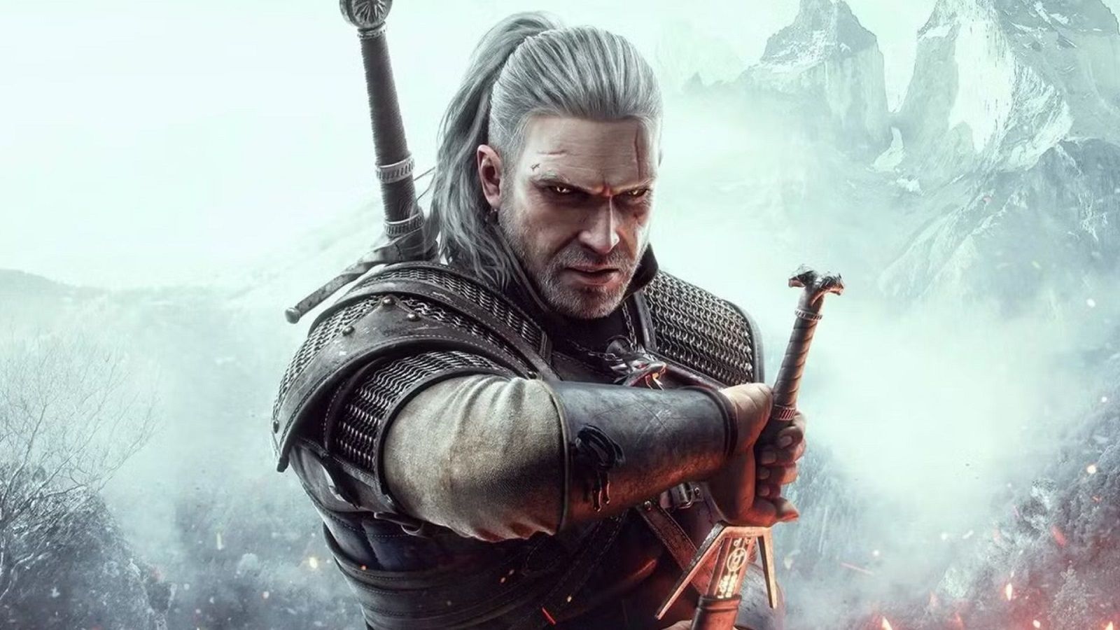 Geralt of Rivia in the Bear School (Ursine) armor with a sword in hand — The Witcher 3 key art by CD PROJEKT RED