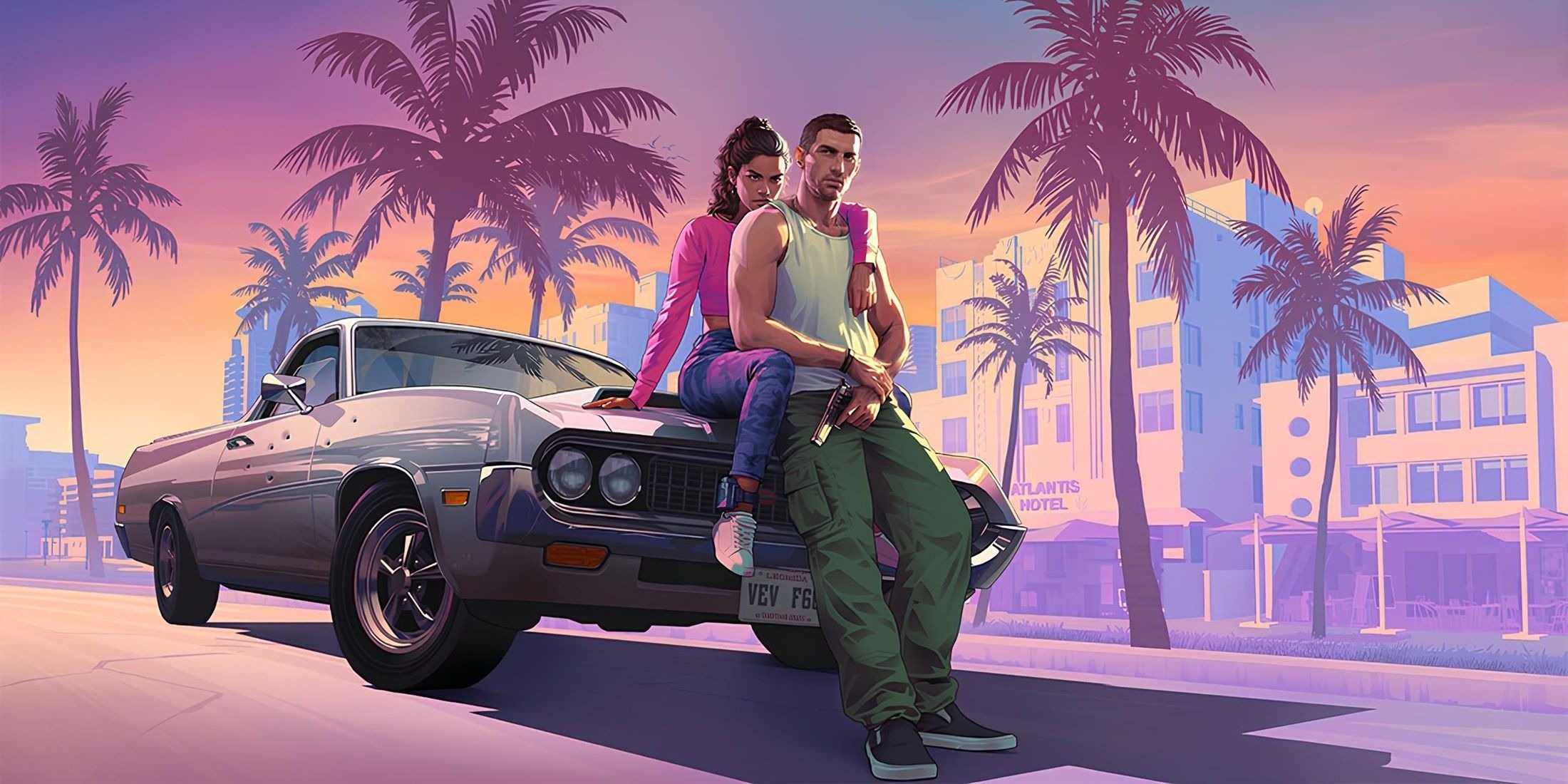 Lucia and Jason in official GTA VI key art at sunset in Leonida