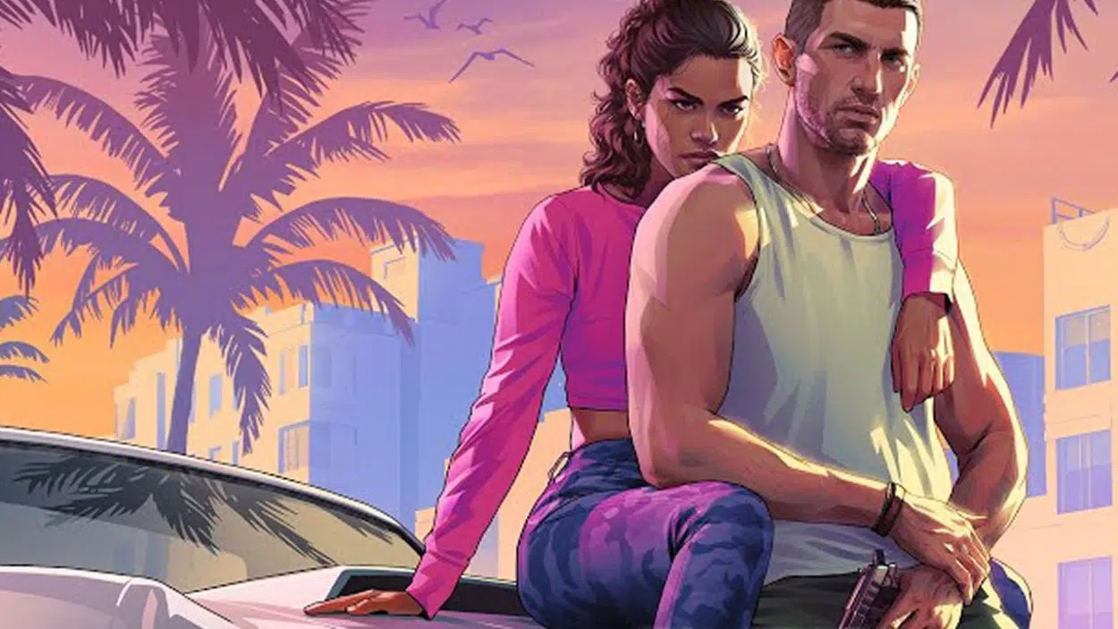 Lucia and Jason in official GTA VI key art with palms and a sunset skyline