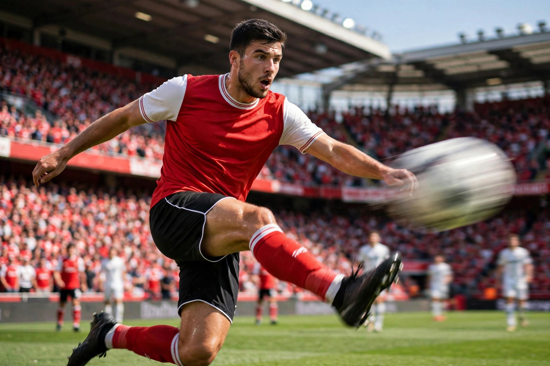 An Arsenal midfielder in a red shirt strikes a shot