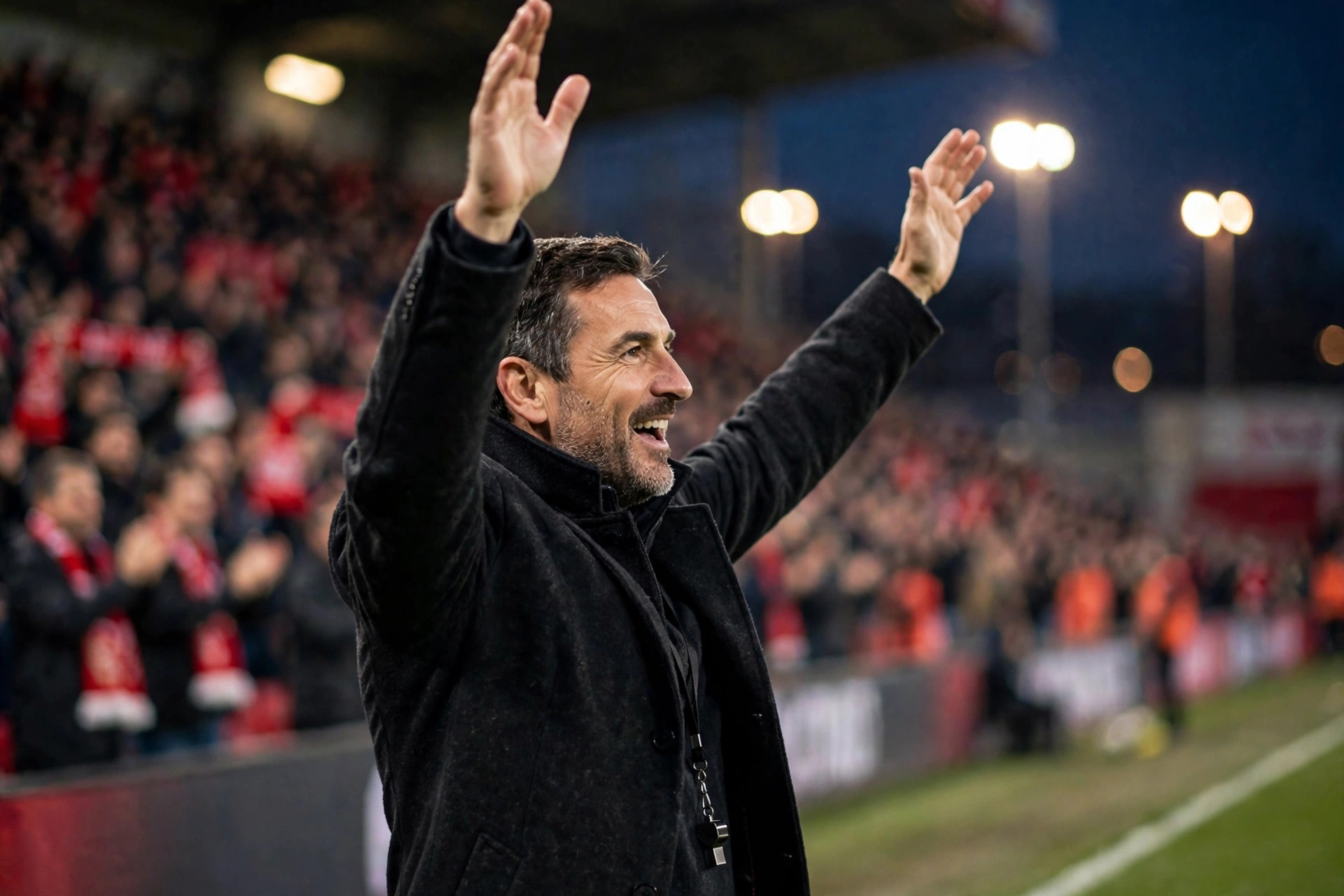 A football manager applauds from the touchline under the lights
