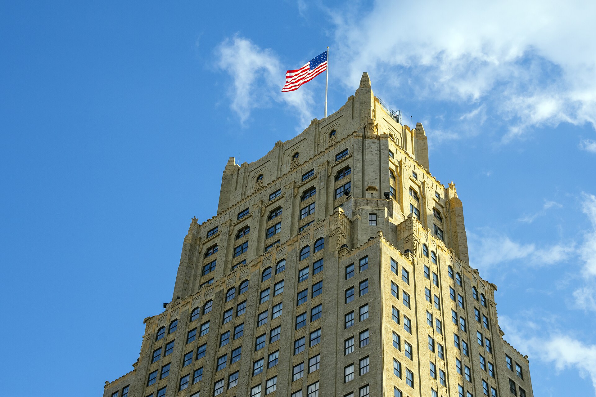 A historic American downtown street in bright daylight