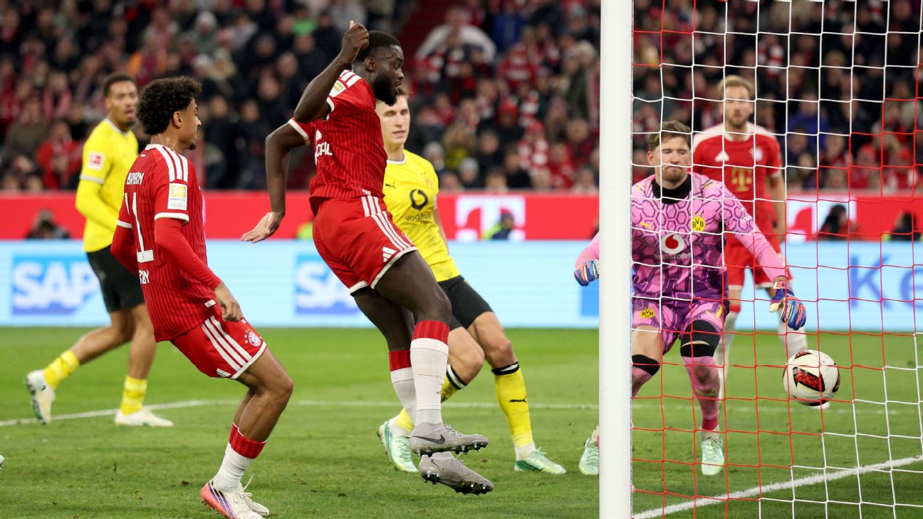 Dayot Upamecano scores Bayern Munich's second goal past Gregor Kobel against Borussia Dortmund in Der Klassiker