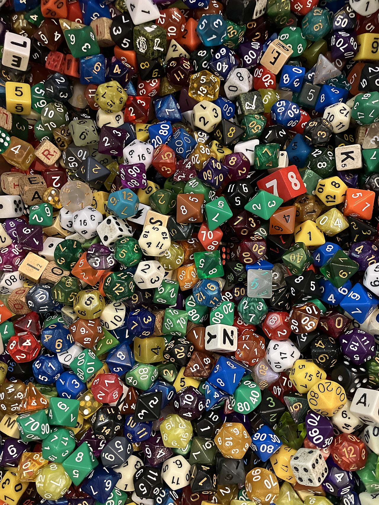 A collection of multi-colored dice of different shapes used in tabletop games