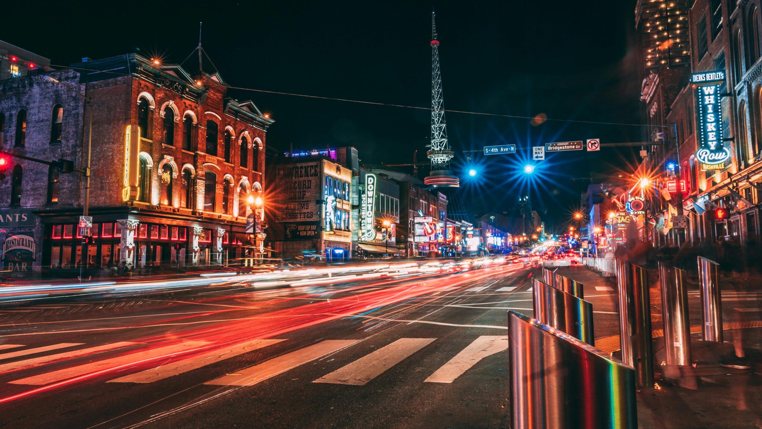 Nashville's Lower Broadway at night, neon signs