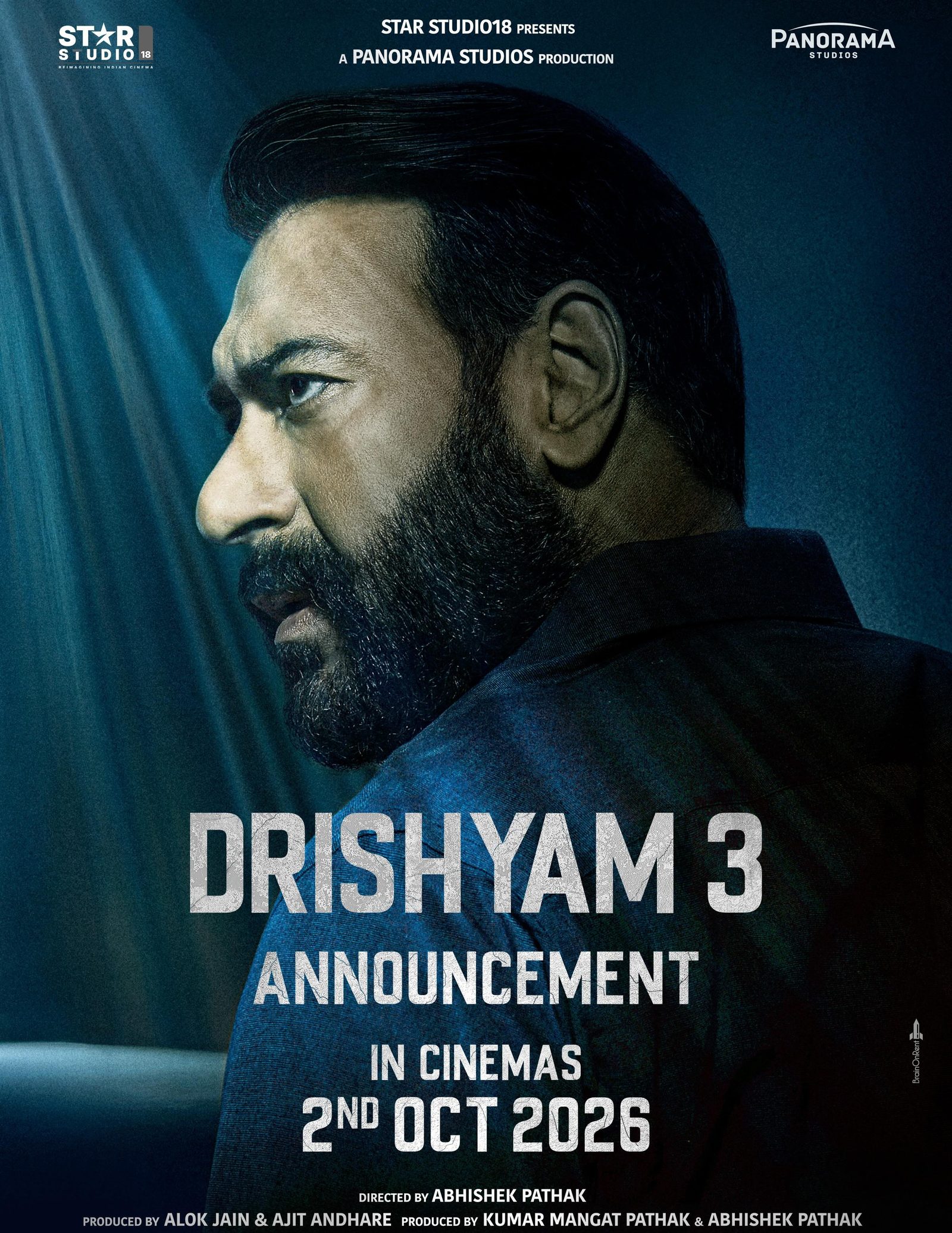Official announcement key art for Drishyam 3, with Ajay Devgn as Vijay Salgaonkar — in cinemas from October 2, 2026, directed by Abhishek Pathak.