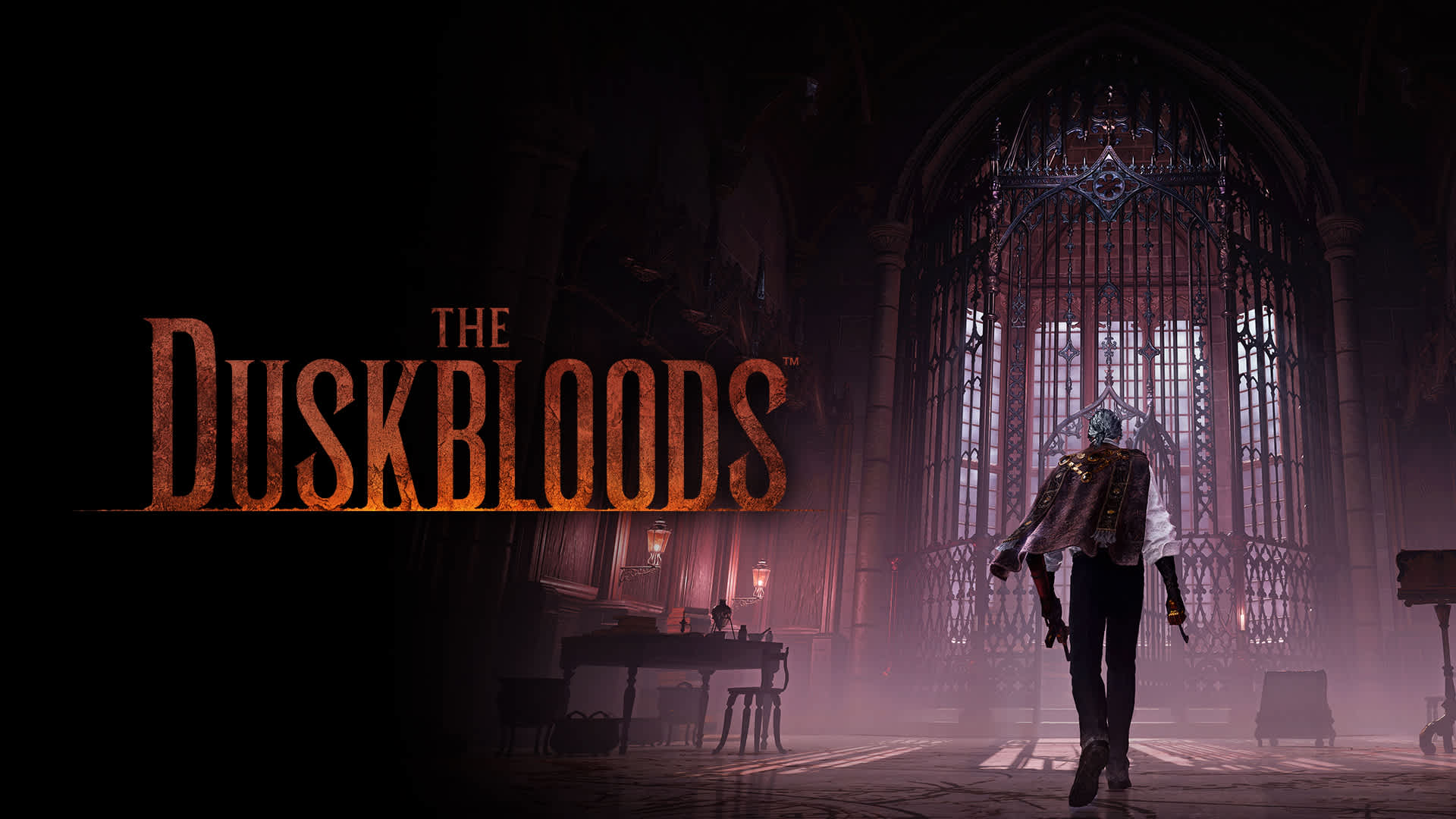 The Duskbloods key art — the game's wordmark over a Bloodsworn walking toward a towering iron gate in a candlelit gothic hall
