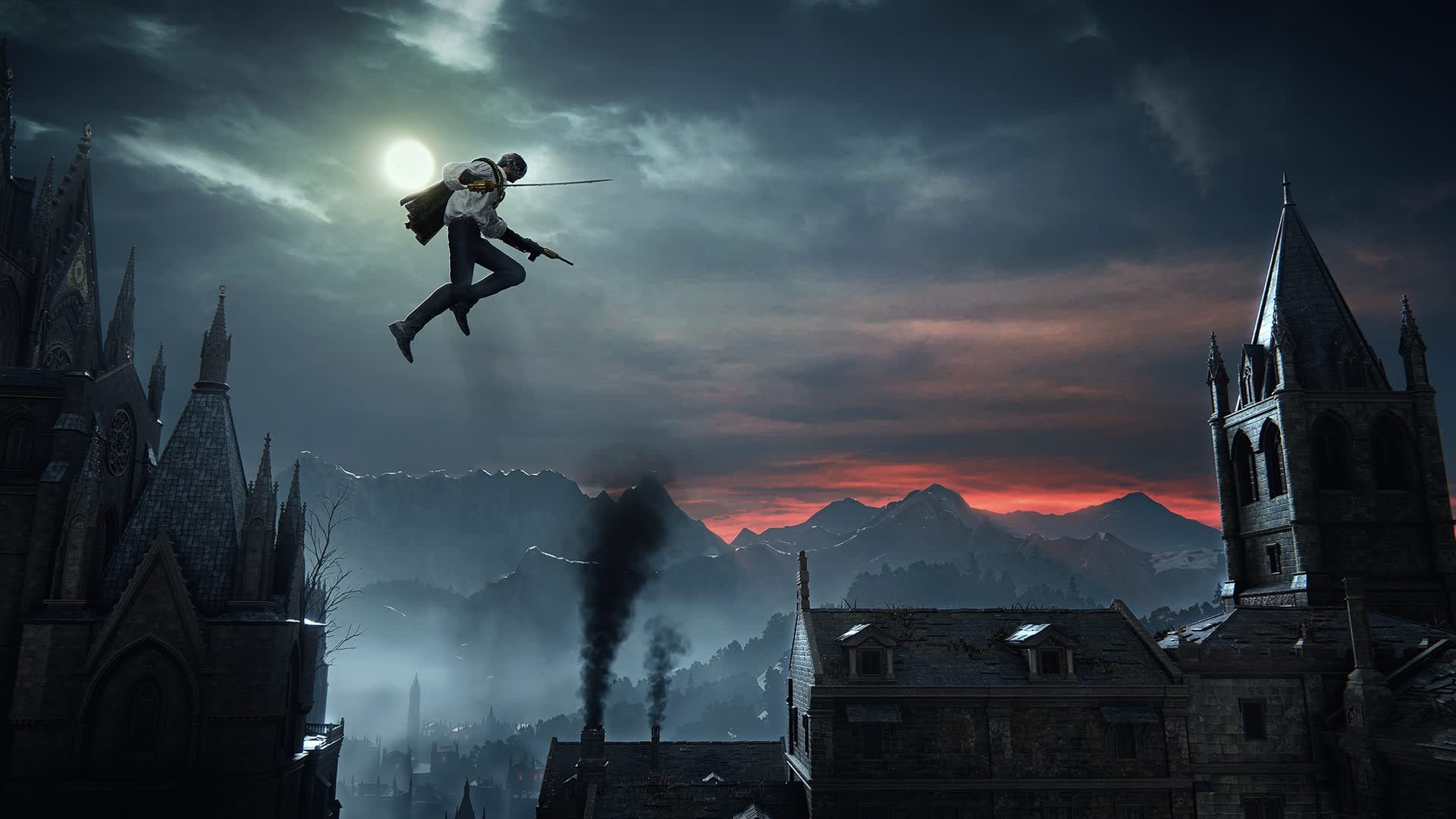 A Bloodsworn leaps between gothic rooftops at dusk, rapier and pistol drawn, silhouetted against the moon