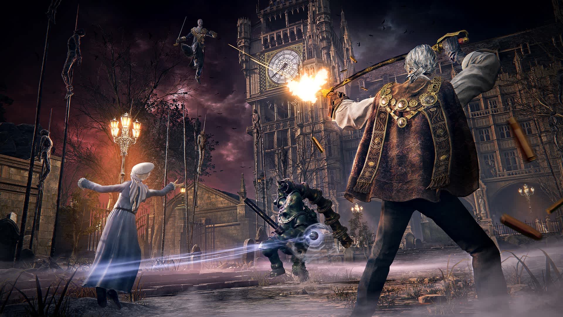 The Duskbloods — official key art: Bloodsworn battle in front of a Victorian clock tower