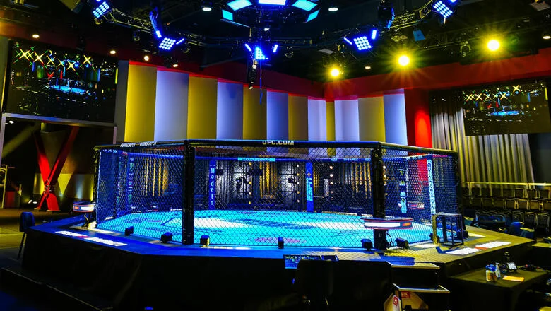 The UFC APEX octagon under the lights in Las Vegas — DWCS 95 brings five bouts to the Meta APEX on Tuesday, October 6, streaming live on Paramount+ at 7 PM ET.