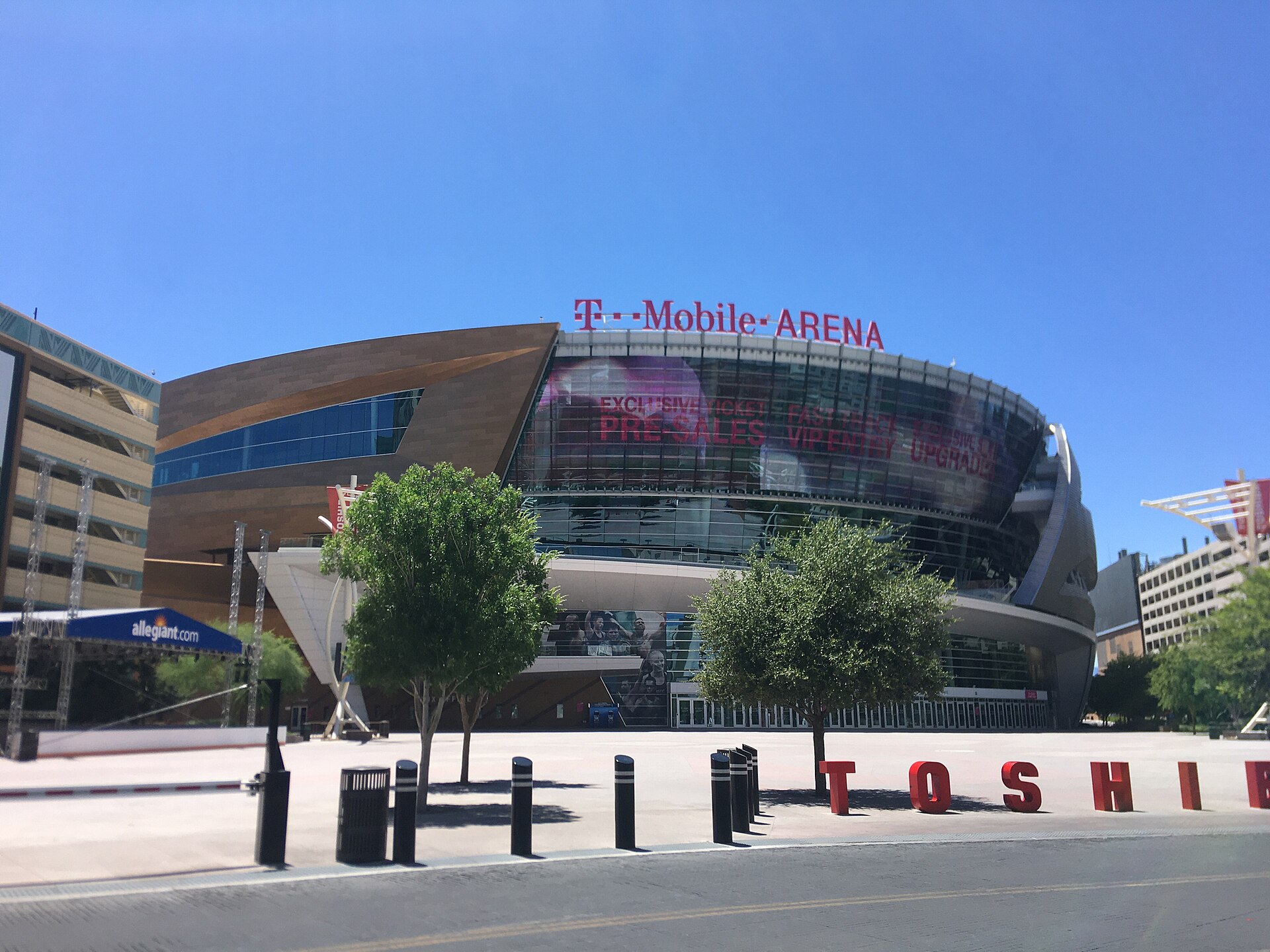 T-Mobile Arena in Las Vegas in daylight — the fight capital where ten DWCS hopefuls weighed in Monday morning.