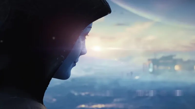 Liara T’Soni looks toward a sunrise over a distant city in a still from the 2020 teaser trailer for the next Mass Effect game — the project EA cancelled on Wednesday as it closed BioWare