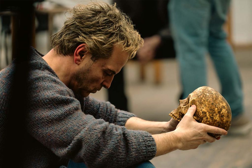 Andrew Scott as Ian Charleson in Elsinore, in rehearsal with the Yorick skull