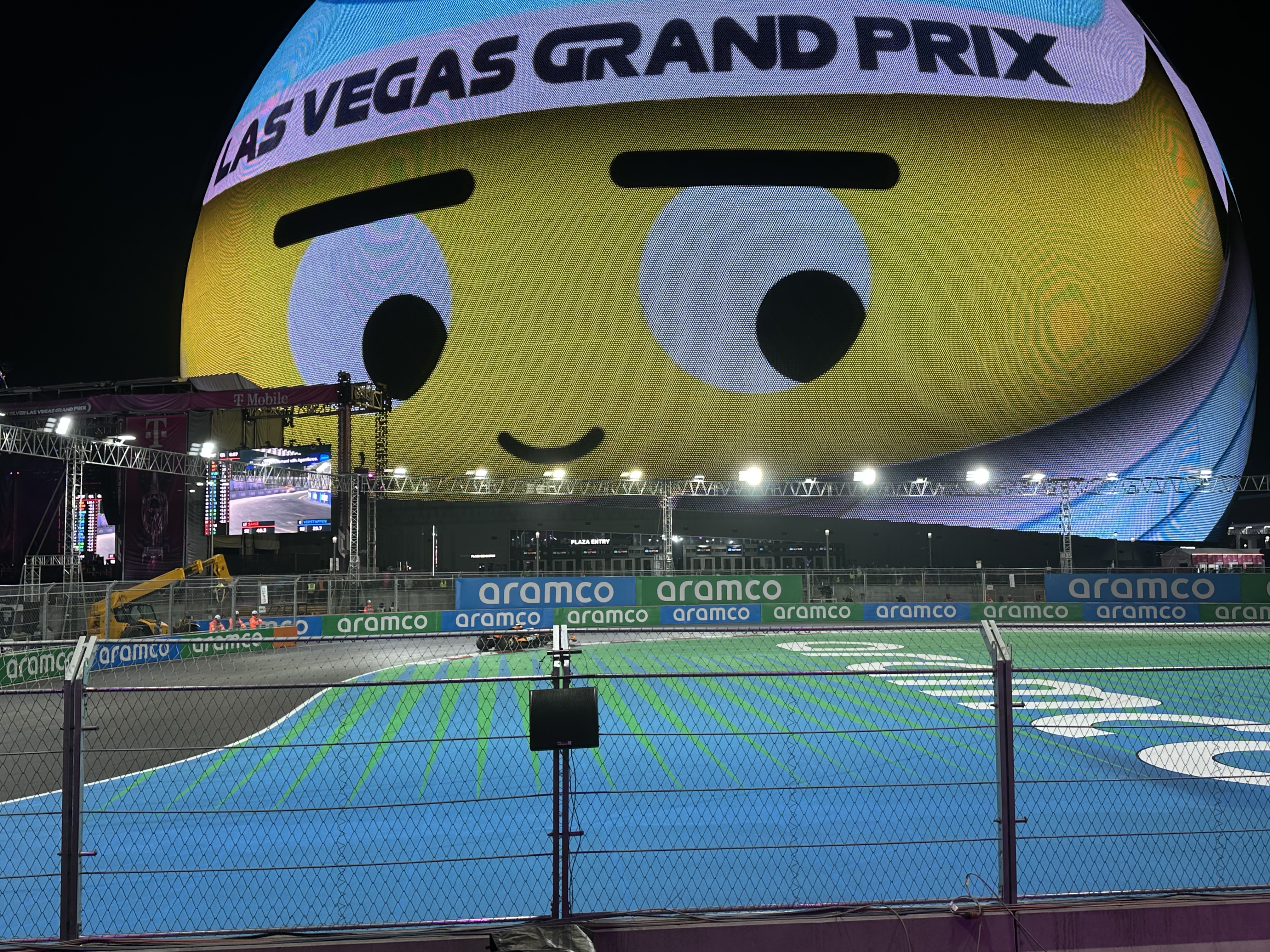 Formula 1 race action at night at the Las Vegas Grand Prix