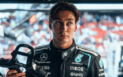 George Russell in his Mercedes — he retired from third place with five laps to go, his first non-score since Spa.