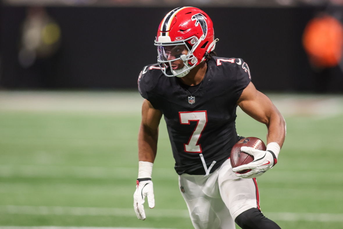Bijan Robinson carries the ball for the Atlanta Falcons during the 2026 NFL season