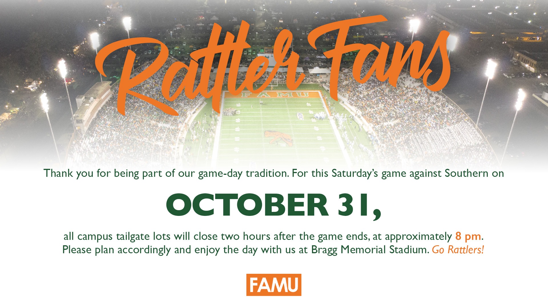 Florida A&M game day graphic for the Southern matchup at Bragg Memorial Stadium