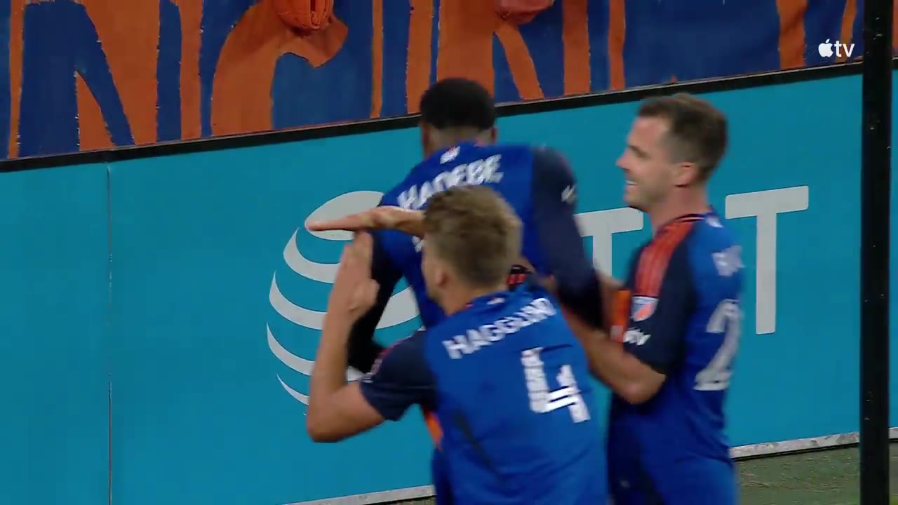 Teenage Hadebe celebrates his 55th-minute winning goal for FC Cincinnati against D.C. United at TQL Stadium, still from the official match broadcast