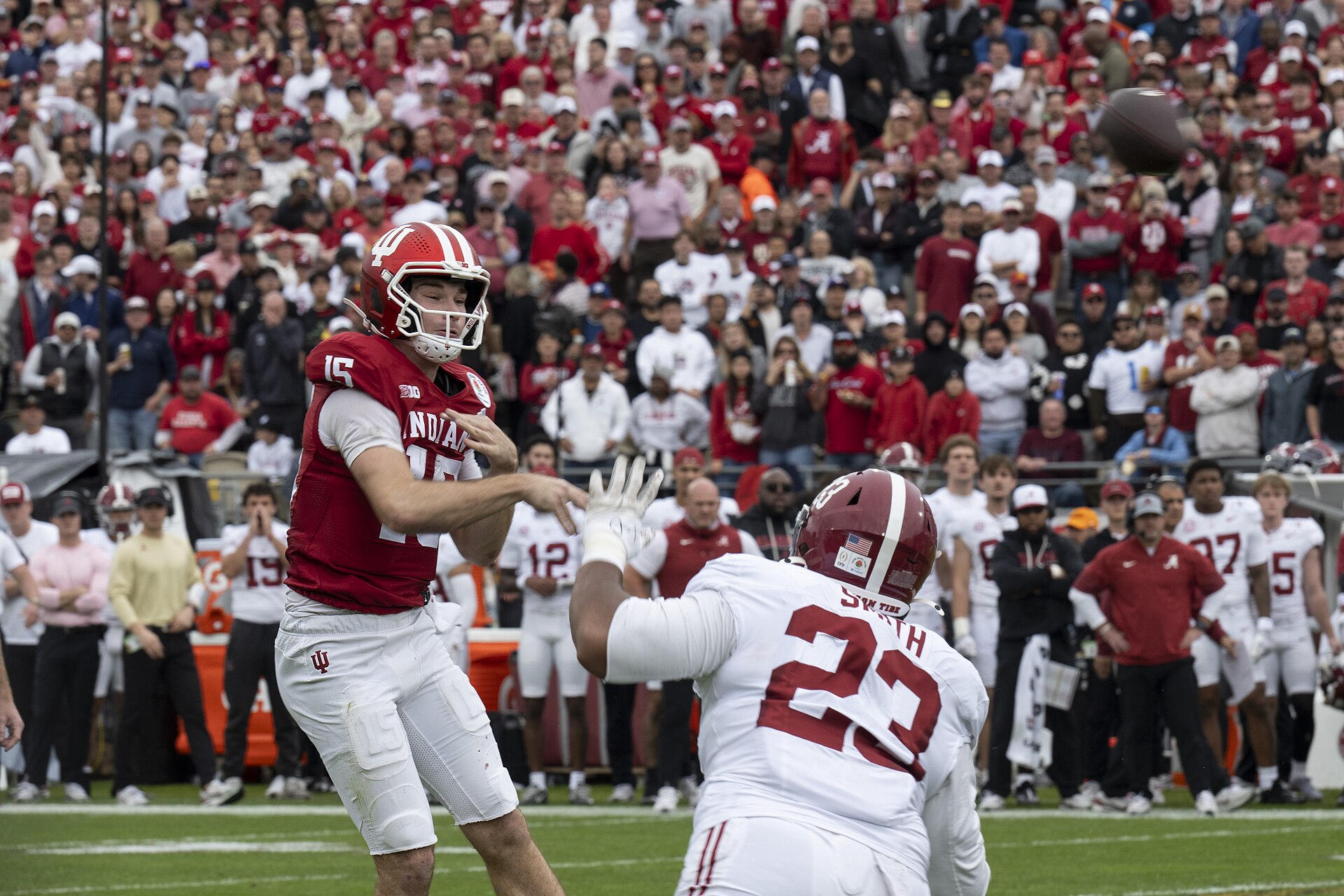 Fernando Mendoza throws for Indiana during the 2026 Rose Bowl