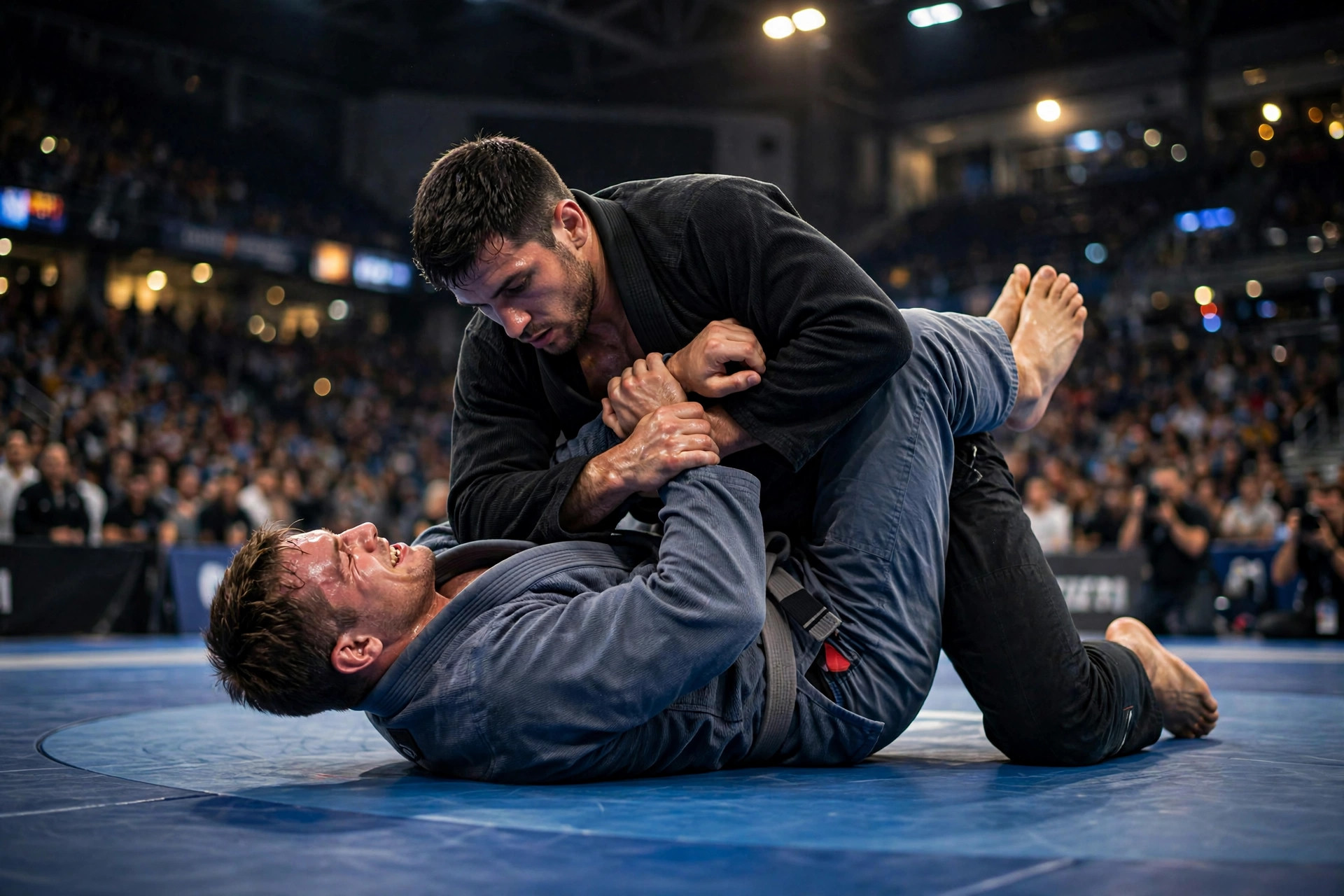Two grapplers competing on the mat in a lit arena — Previously illustration