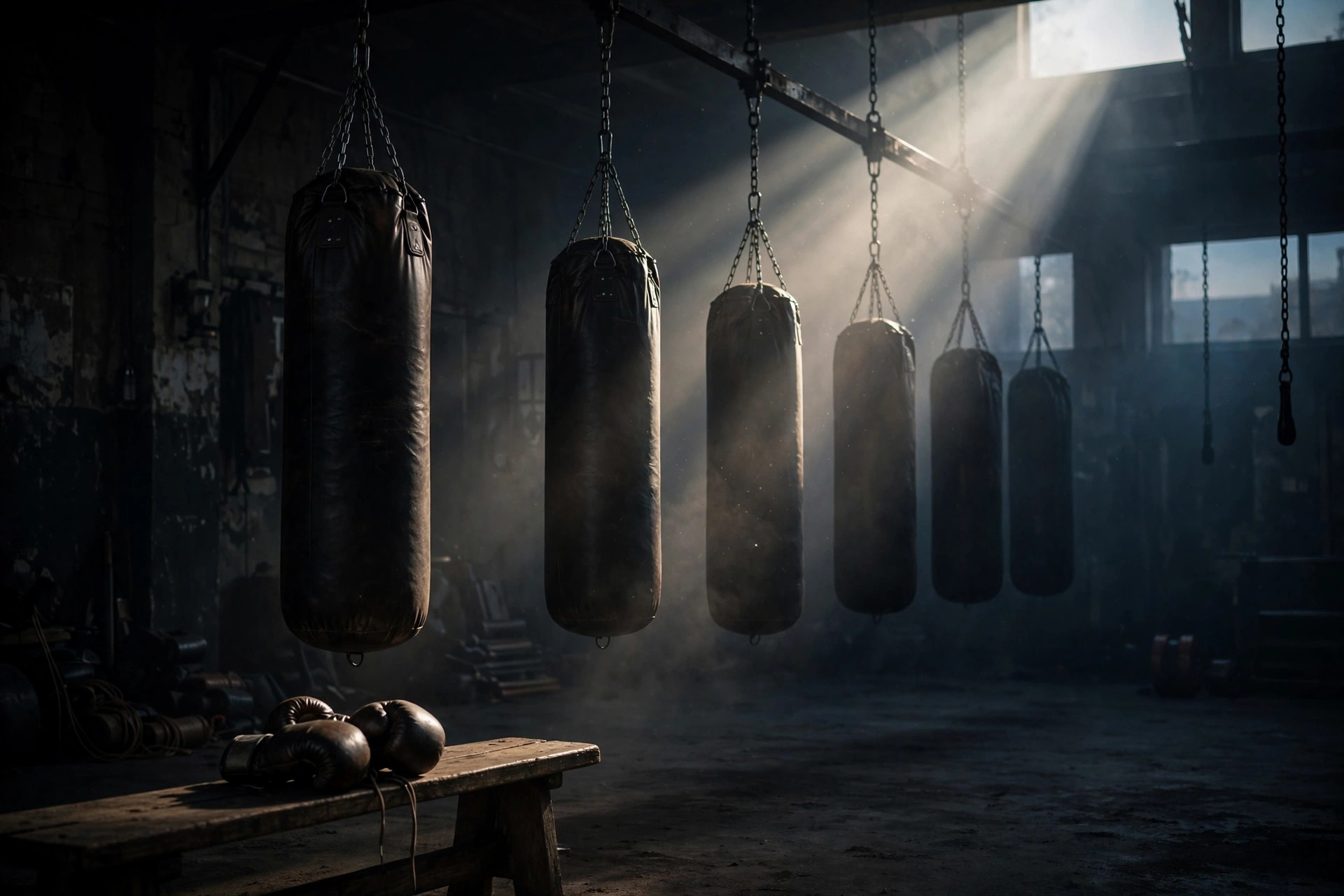 An empty boxing gym at dawn, a single spotlight on the heavy bags — Previously illustration