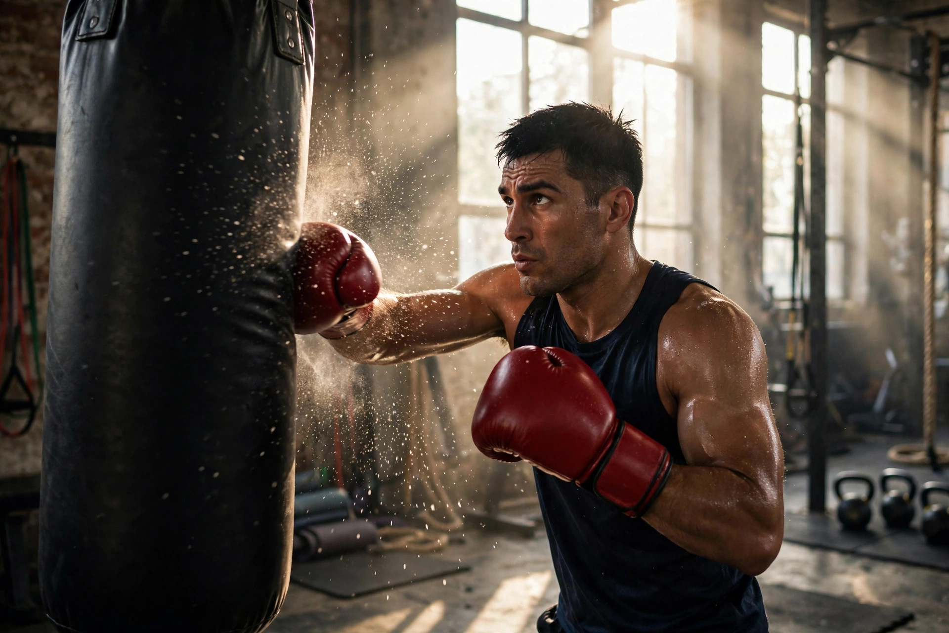 A boxer training on the heavy bag in a sunlit gym — Previously illustration