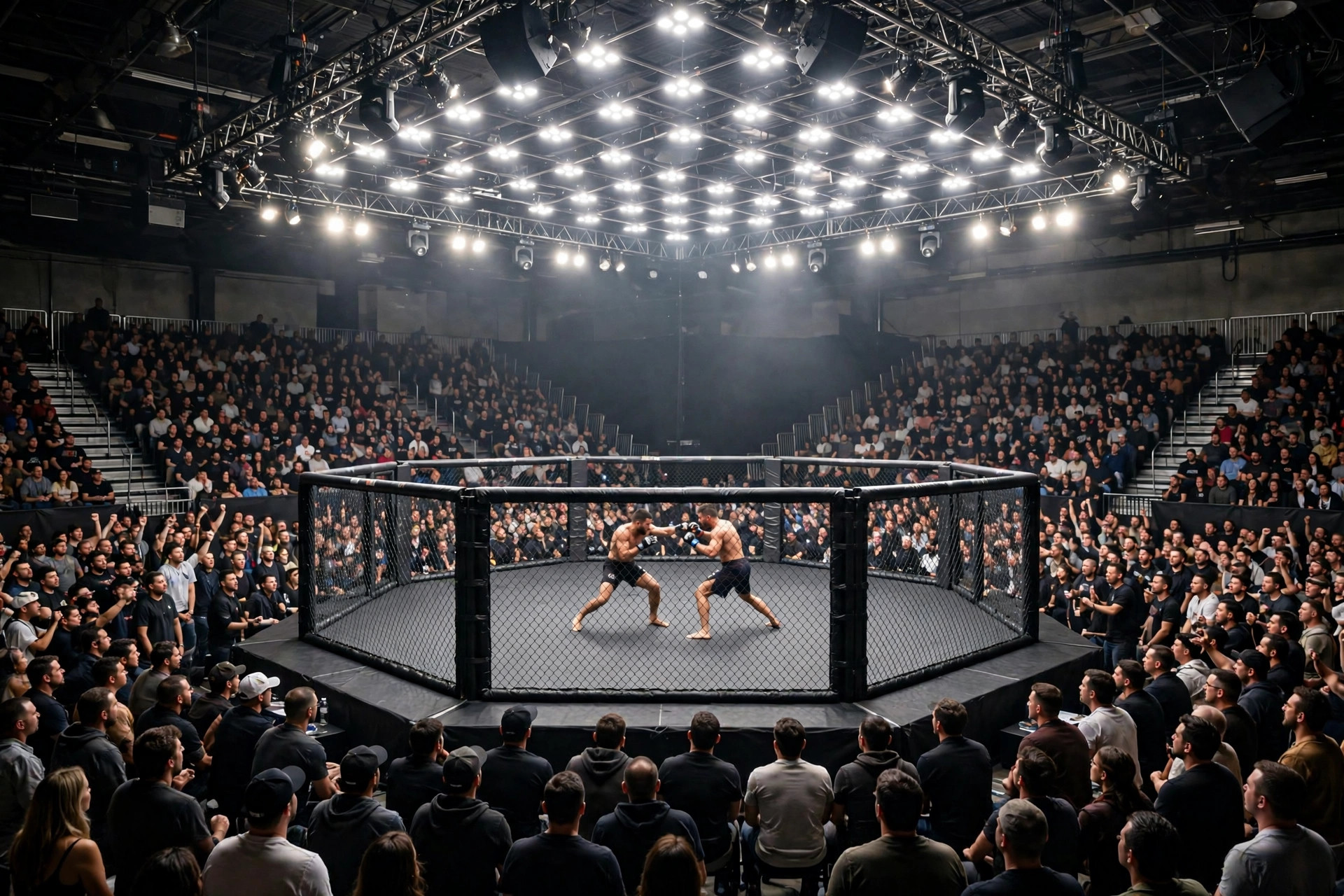 The UFC Apex Octagon under the lights on fight night — Previously illustration