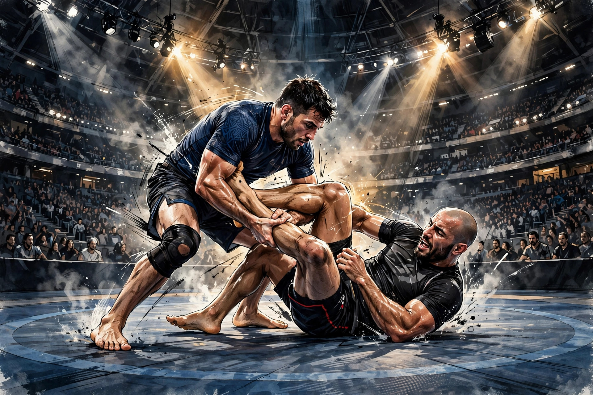 Two grapplers competing on the mats in a lit arena bowl — Previously illustration