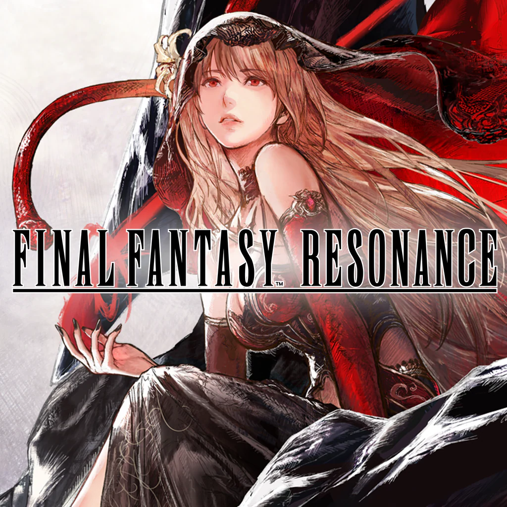 Final Fantasy Resonance official key art — a hooded heroine with long blonde hair and red eyes amid flowing red and black drapery, the game’s title across the center