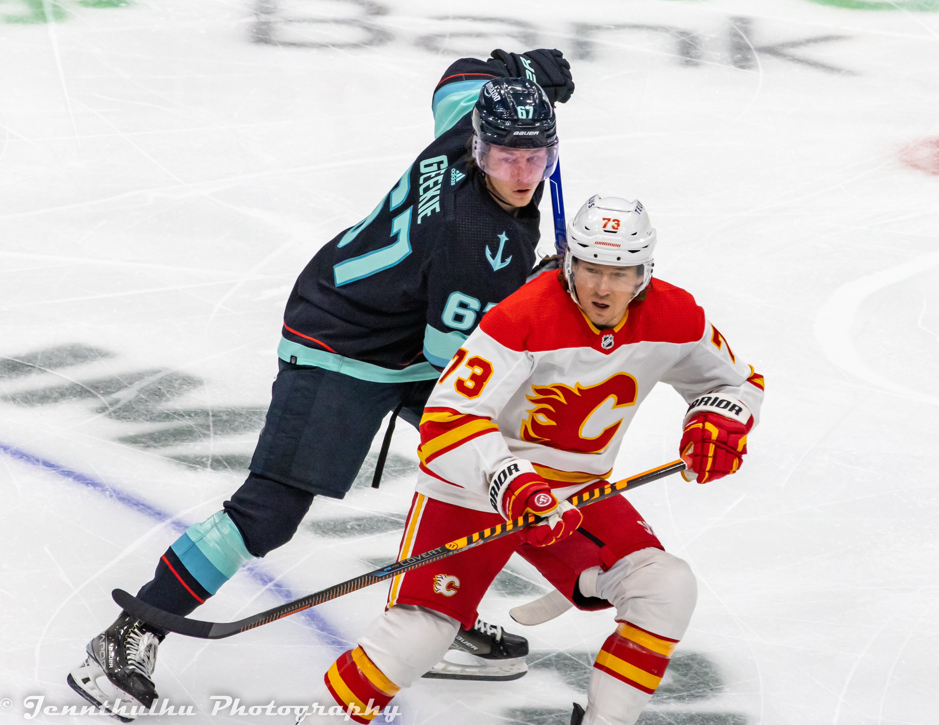 Calgary Flames players in action during an NHL game (file photo)